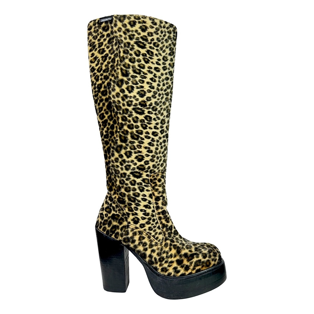 SUPER RARE Vintage DESTROY boots faux fur leopard print chunky heels platforms 9